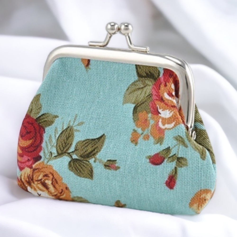 Purse Coin Bag French Kiss Clasp Storage Change Victorian Rose Floral Blue - Picture 6 of 16